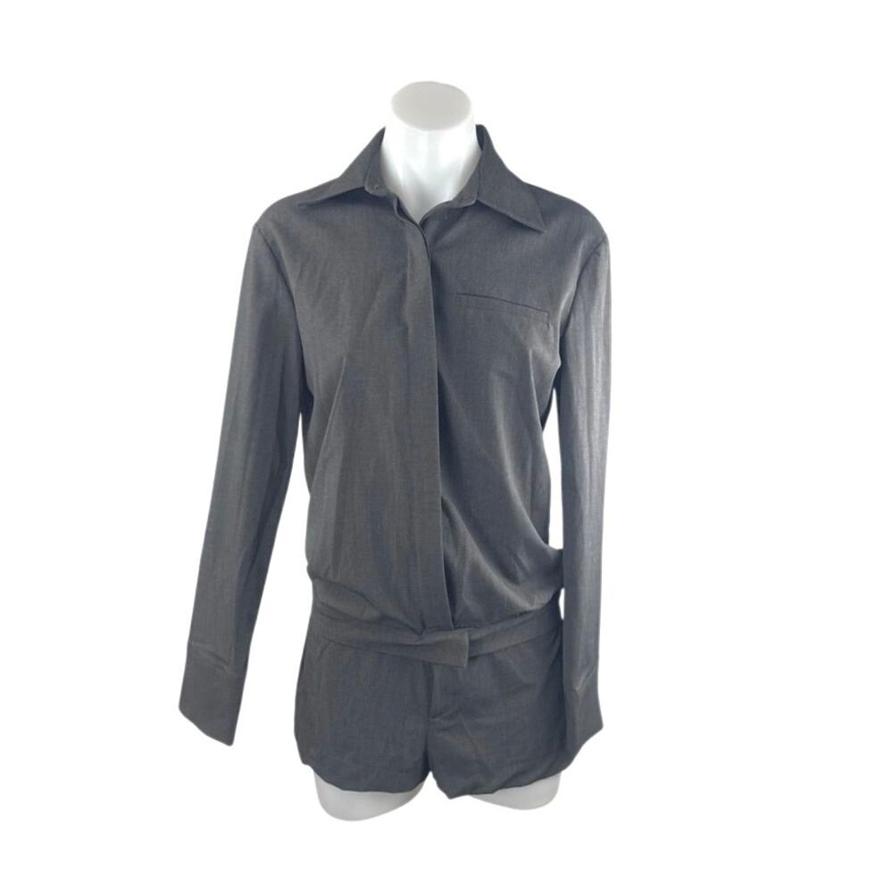 Zara Gray Collared Long Sleeve Belted Button Down Playsuit Romper Jumpsuit XS